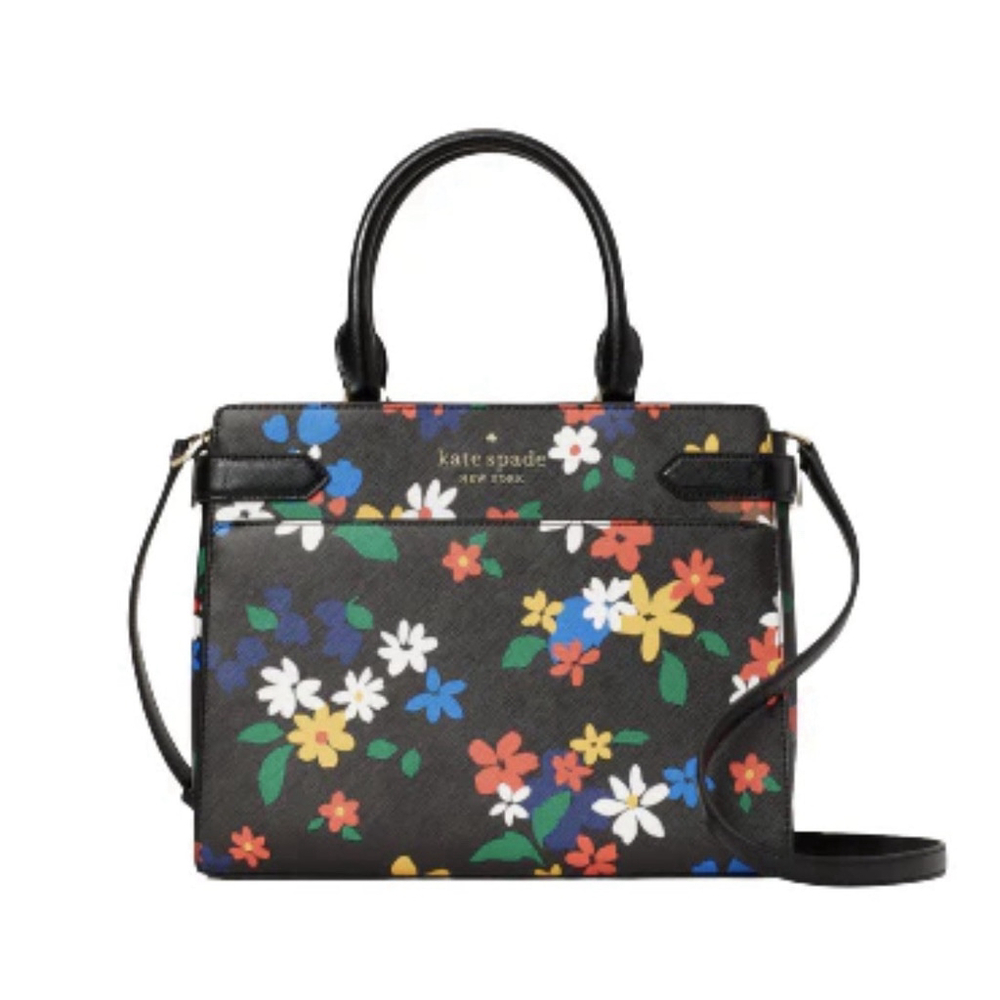 Kate Spade Staci Black Saffiano Leather Floral Crossbody Satchel Bag Medium NWOT